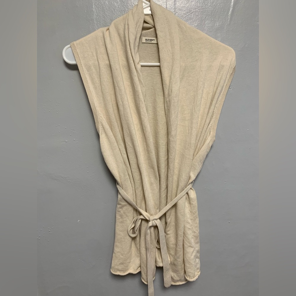 Old Navy Cream Knit Sweater Vest/Sleeveless Cardigan With Tie Front Size Large